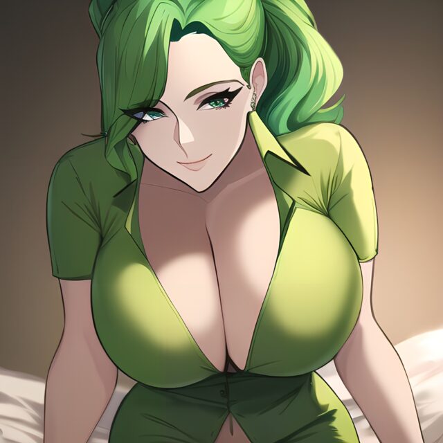 nude cleavage front view woman green hair small boobs