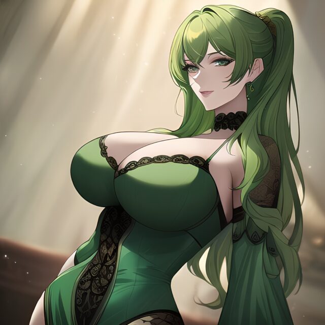 nude cleavage front view woman small boobs green hair