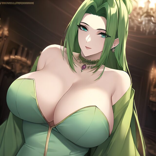 nude cleavage woman small boobs front view green hair