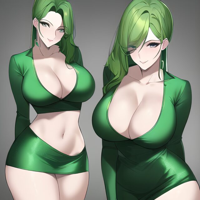 nude front view cleavage small boobs woman green hair