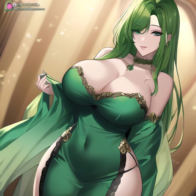 nude green hair front view small boobs woman cleavage