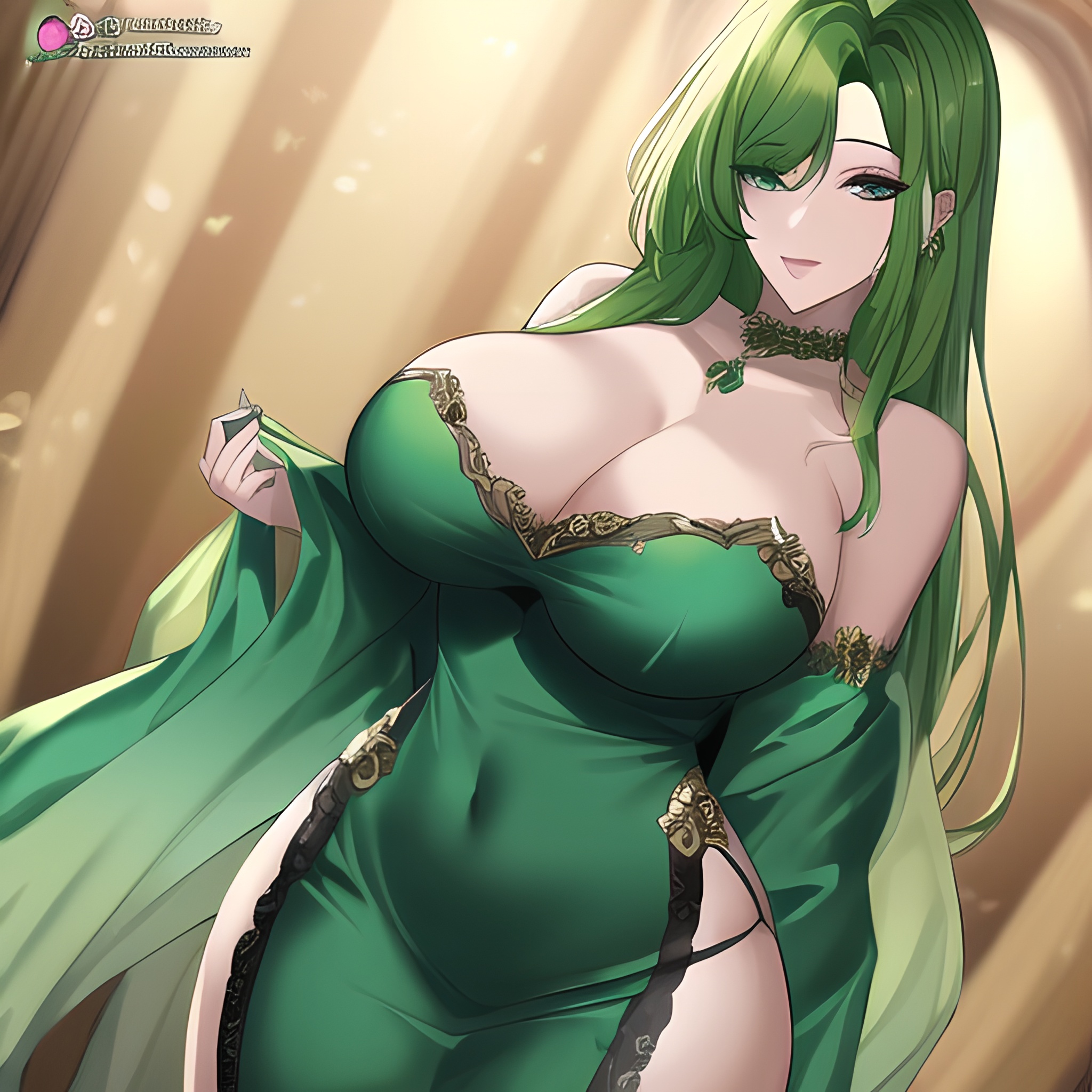 nude green hair front view small boobs woman cleavage 