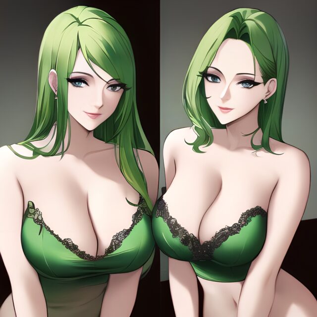 nude small boobs cleavage woman front view green hair