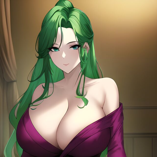 nude small boobs green hair cleavage woman front view