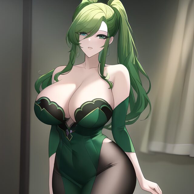 nude small boobs green hair front view woman cleavage