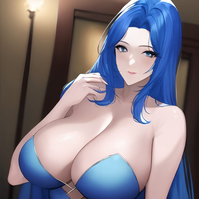 nude woman cleavage front view small boobs blue hair