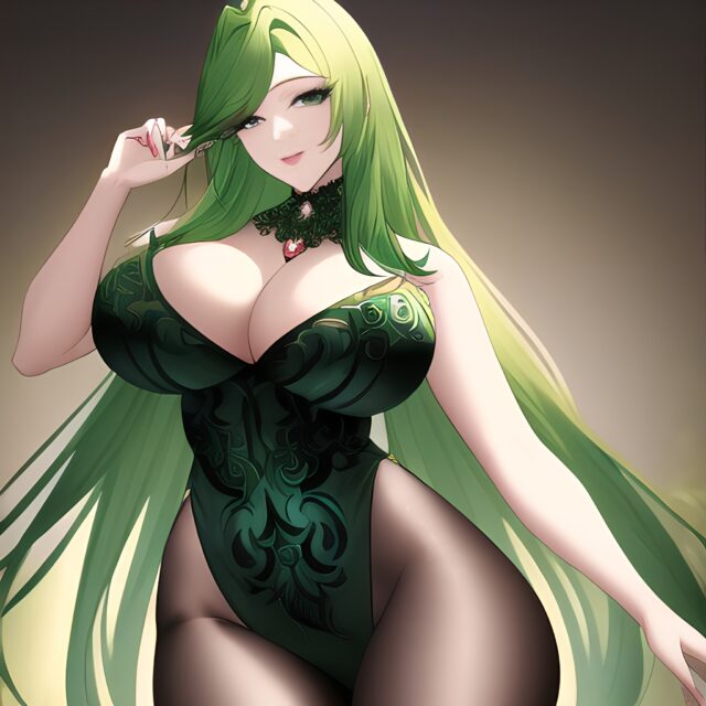 nude woman cleavage small boobs front view green hair