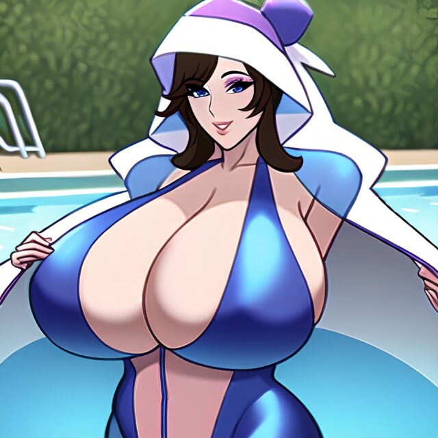 pubic hair parka huge boobs pool woman transparent one piece swimsuit nude front view hat