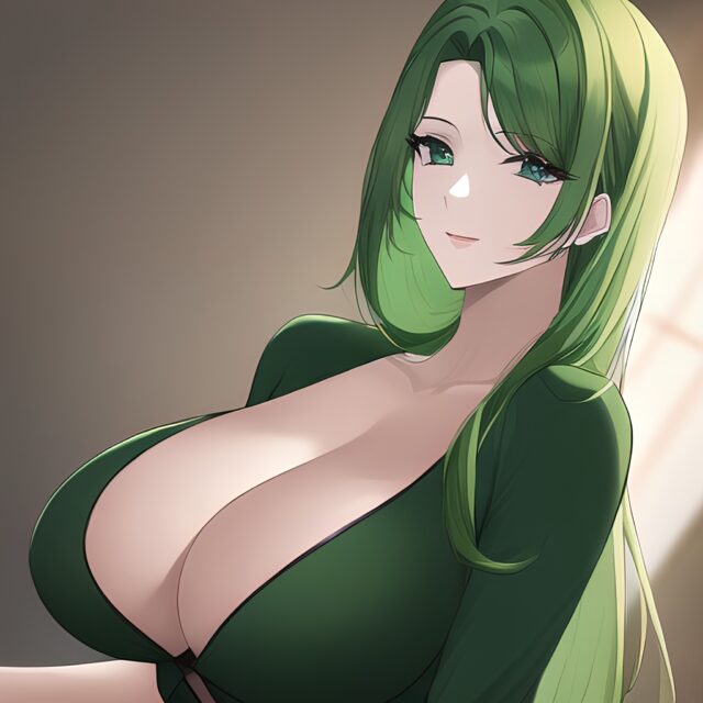 small boobs cleavage woman green hair nude front view