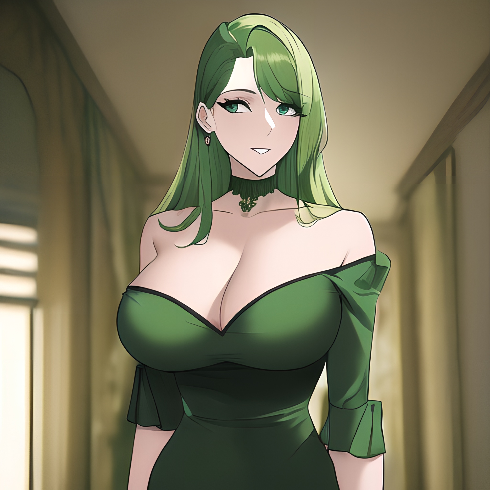 small boobs front view cleavage woman green hair nude 