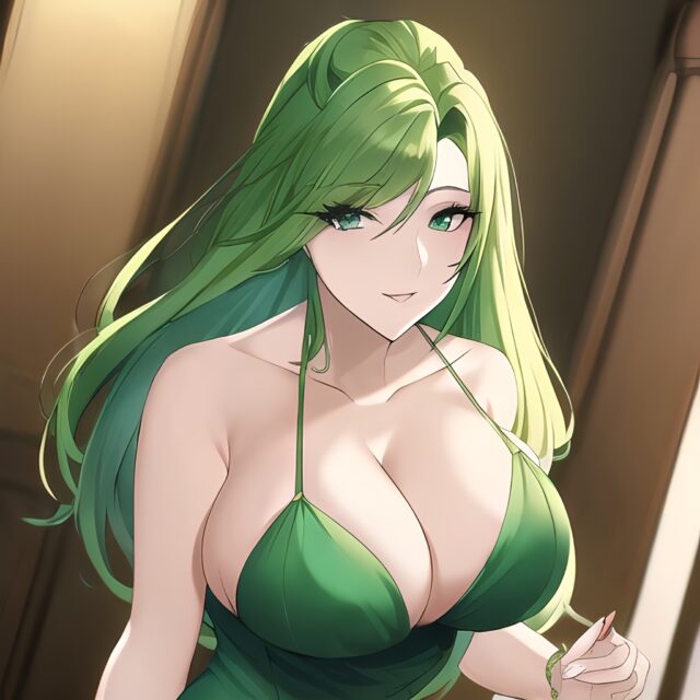 small boobs front view cleavage woman nude green hair