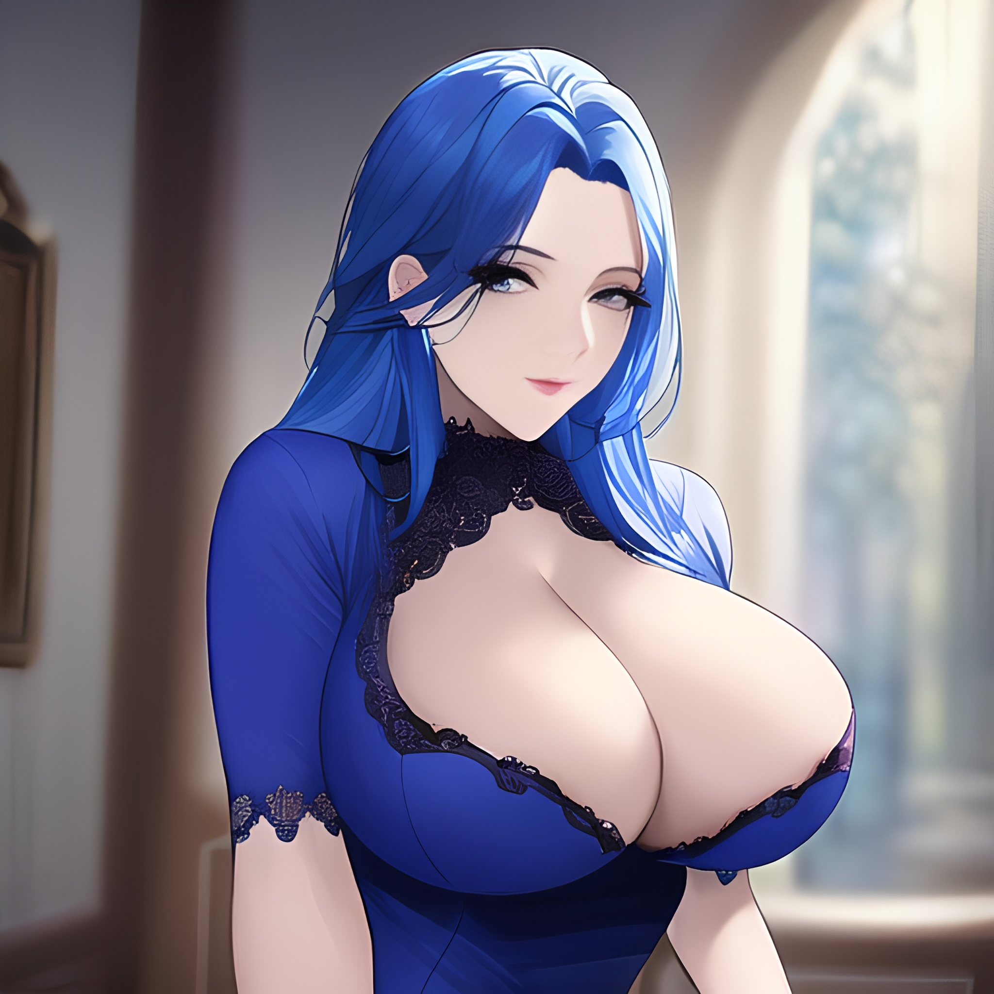 small boobs front view woman cleavage blue hair nude 