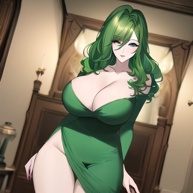 small boobs nude green hair cleavage woman front view