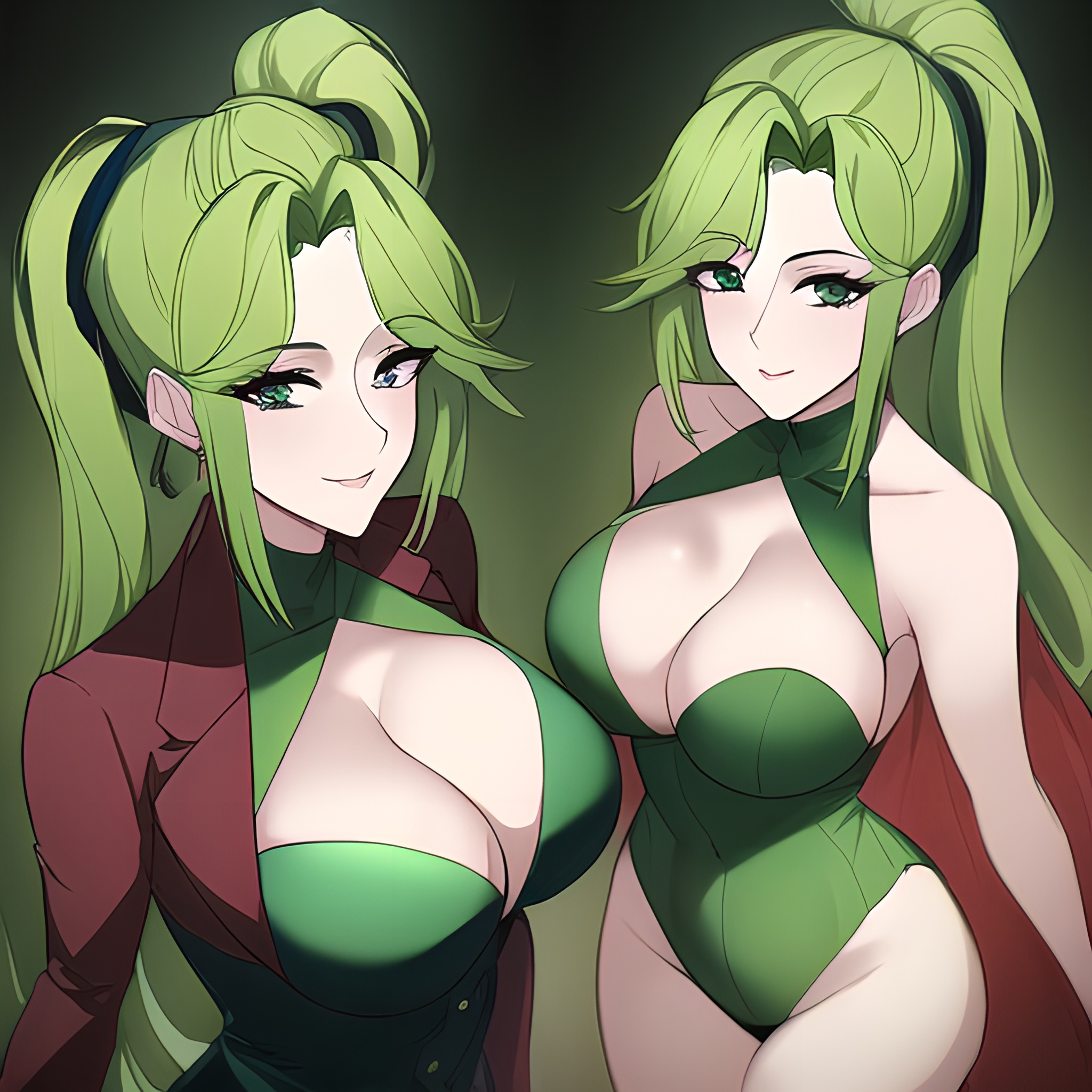 small boobs woman green hair front view nude cleavage 