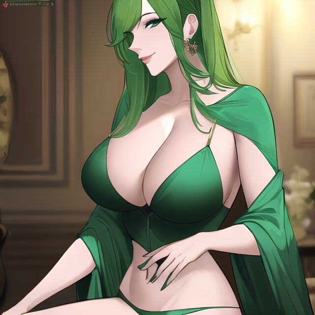 small boobs woman nude green hair cleavage front view