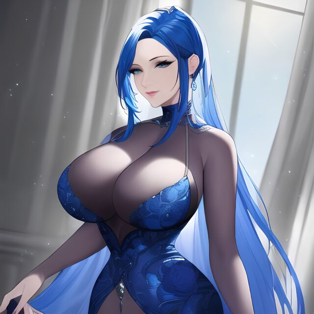 woman blue hair nude front view cleavage small boobs