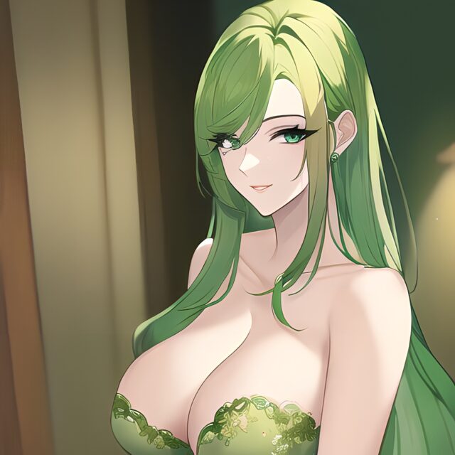 woman front view cleavage nude green hair small boobs