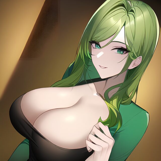 woman front view green hair small boobs cleavage nude