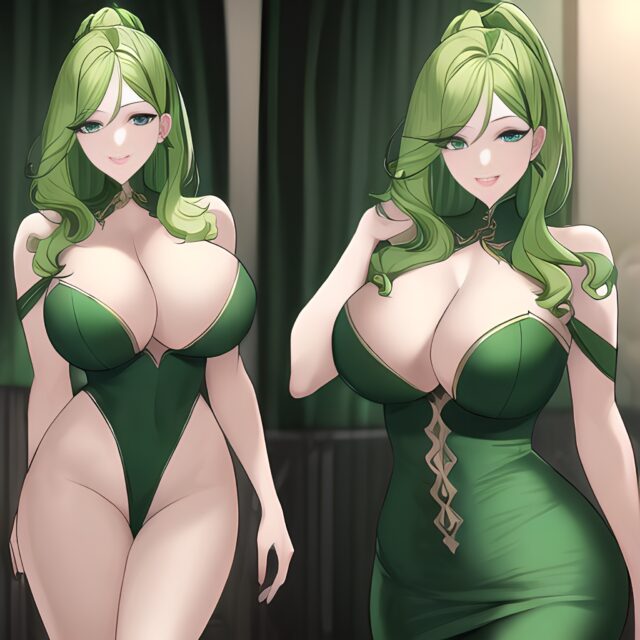 woman green hair nude cleavage small boobs front view