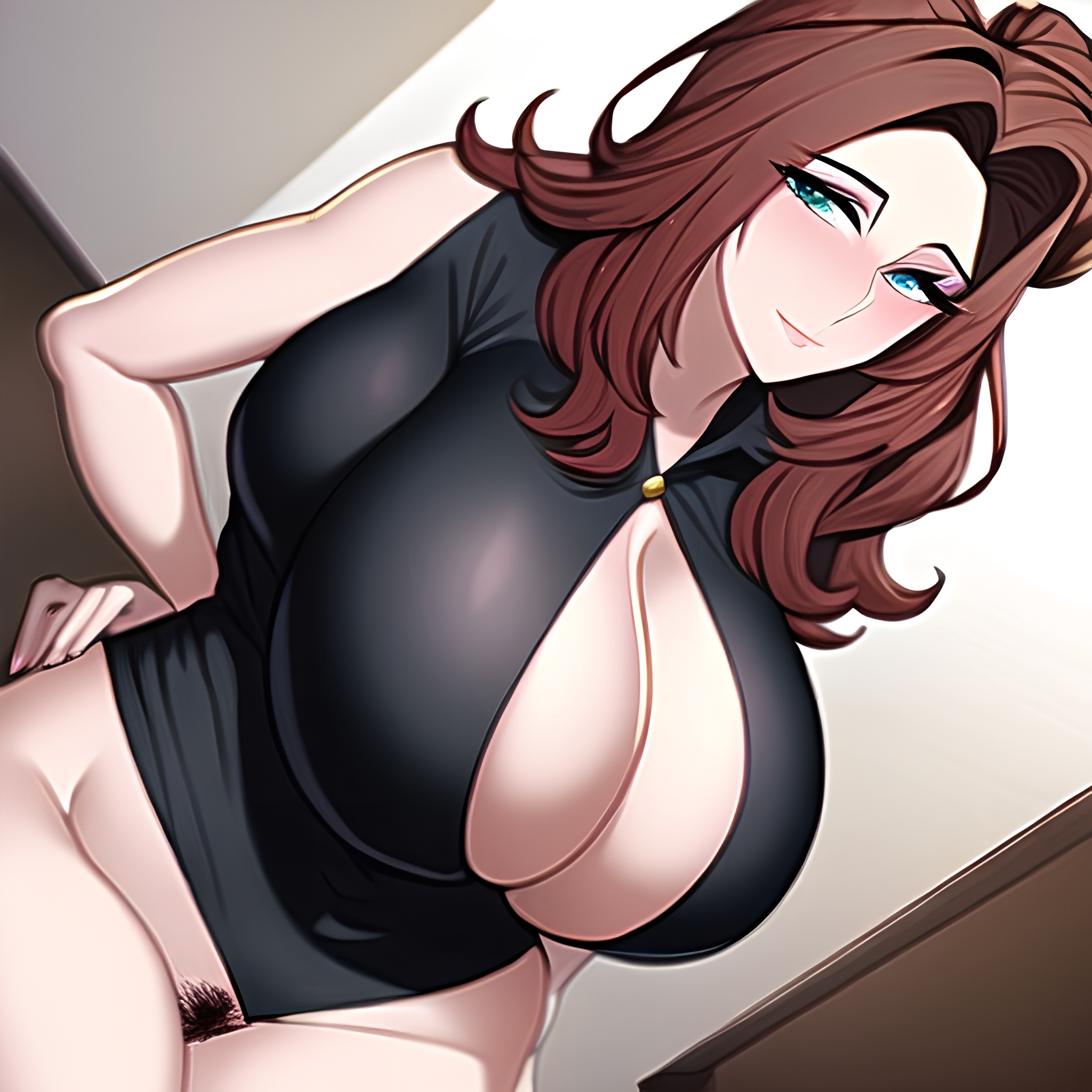 pubic hair woman huge boobs nude office front view 