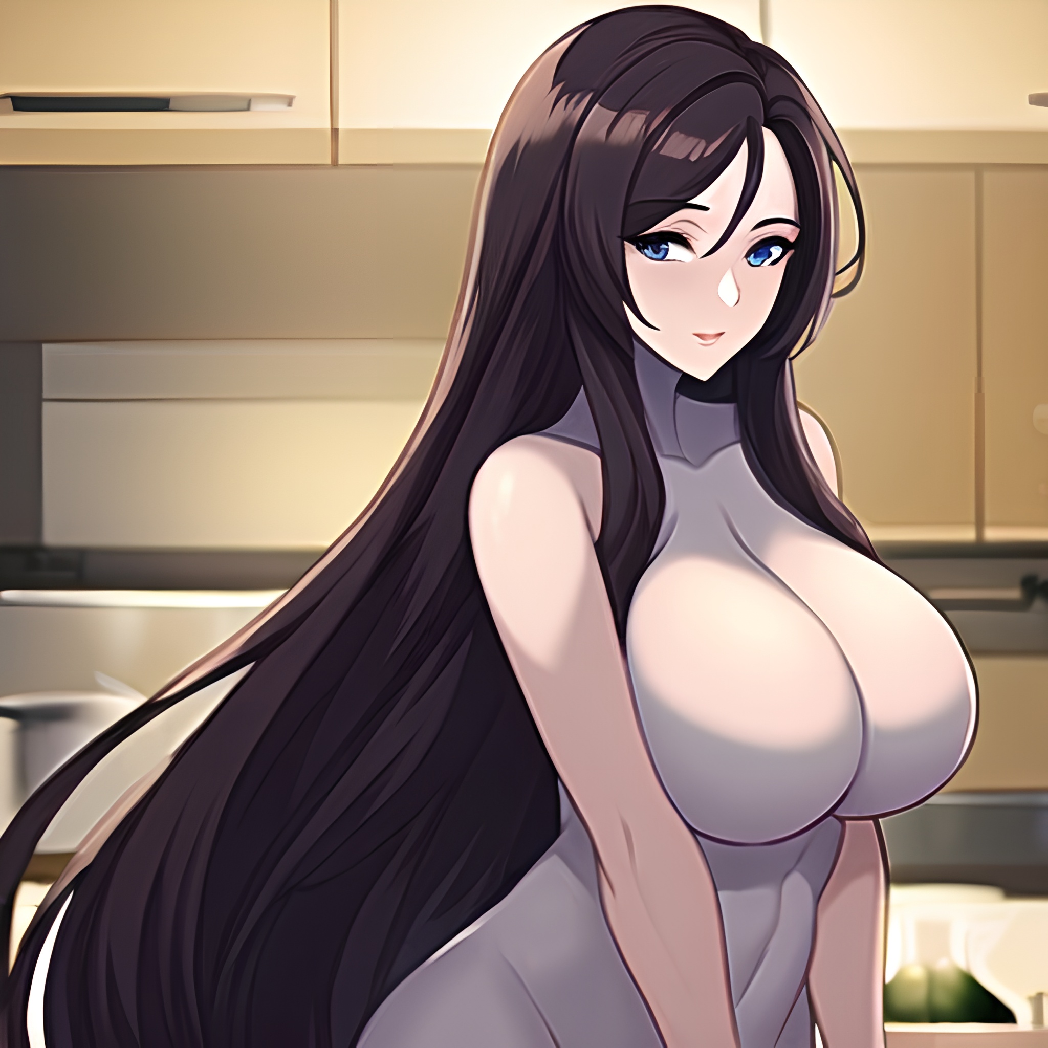 front view kitchen long hair perfect boobs nude woman 