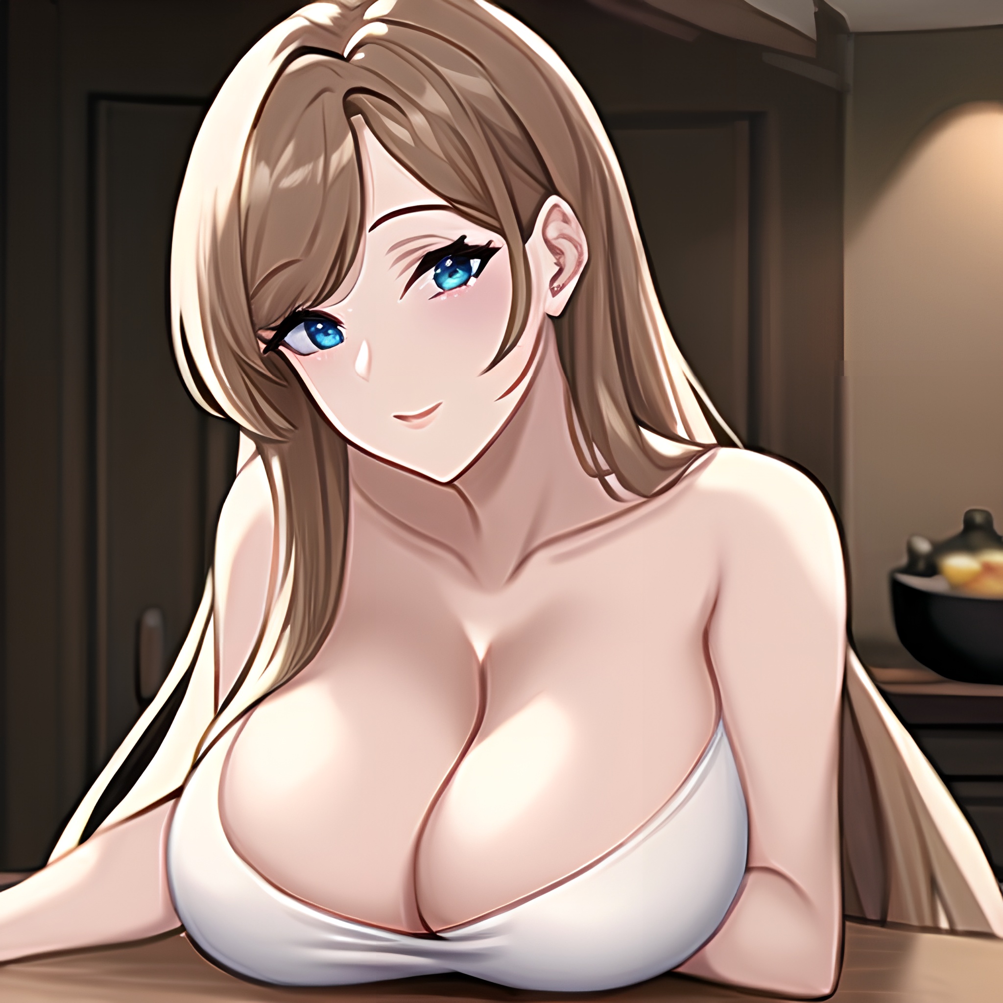 front view kitchen nude perfect boobs woman long hair 