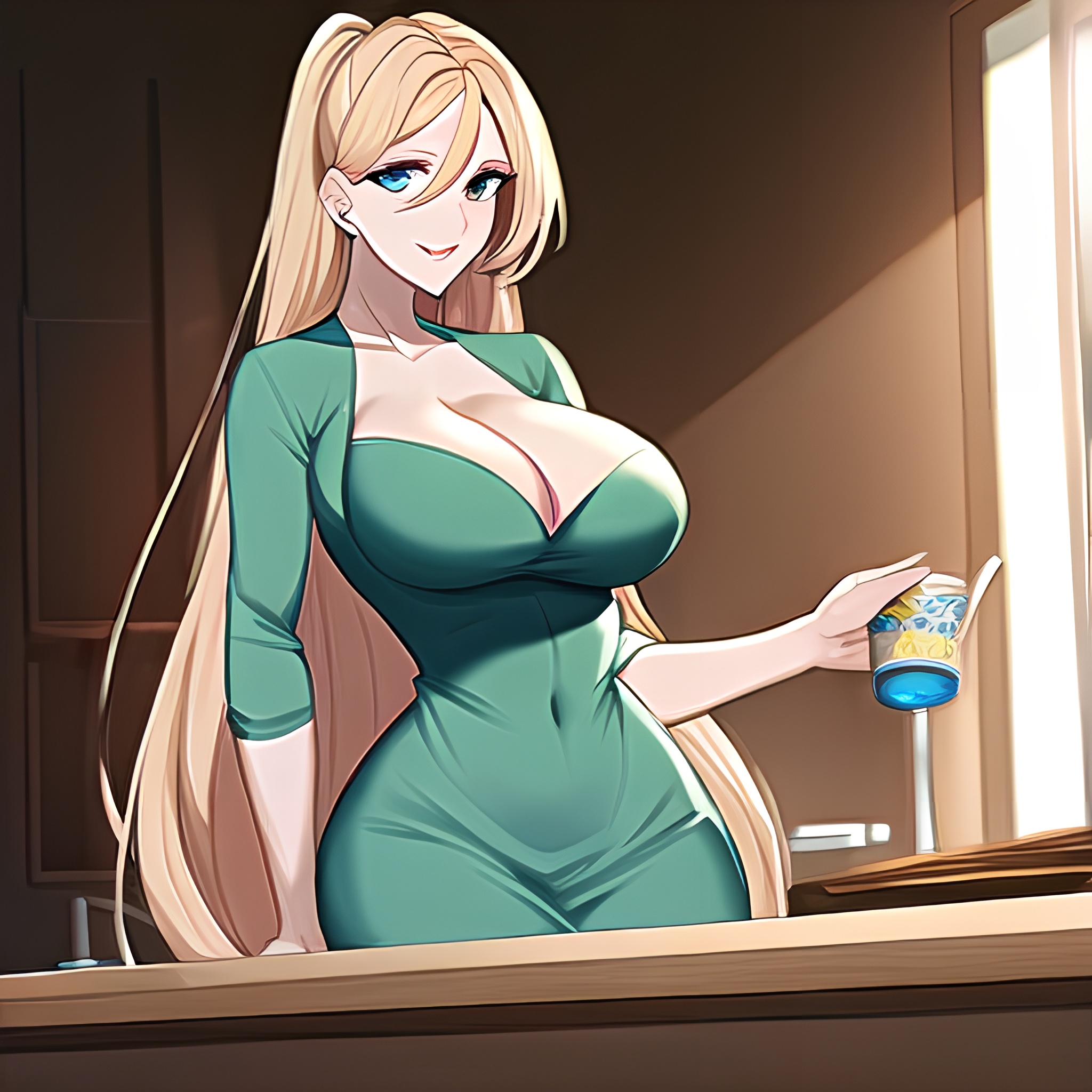 front view kitchen nude perfect boobs woman long hair 