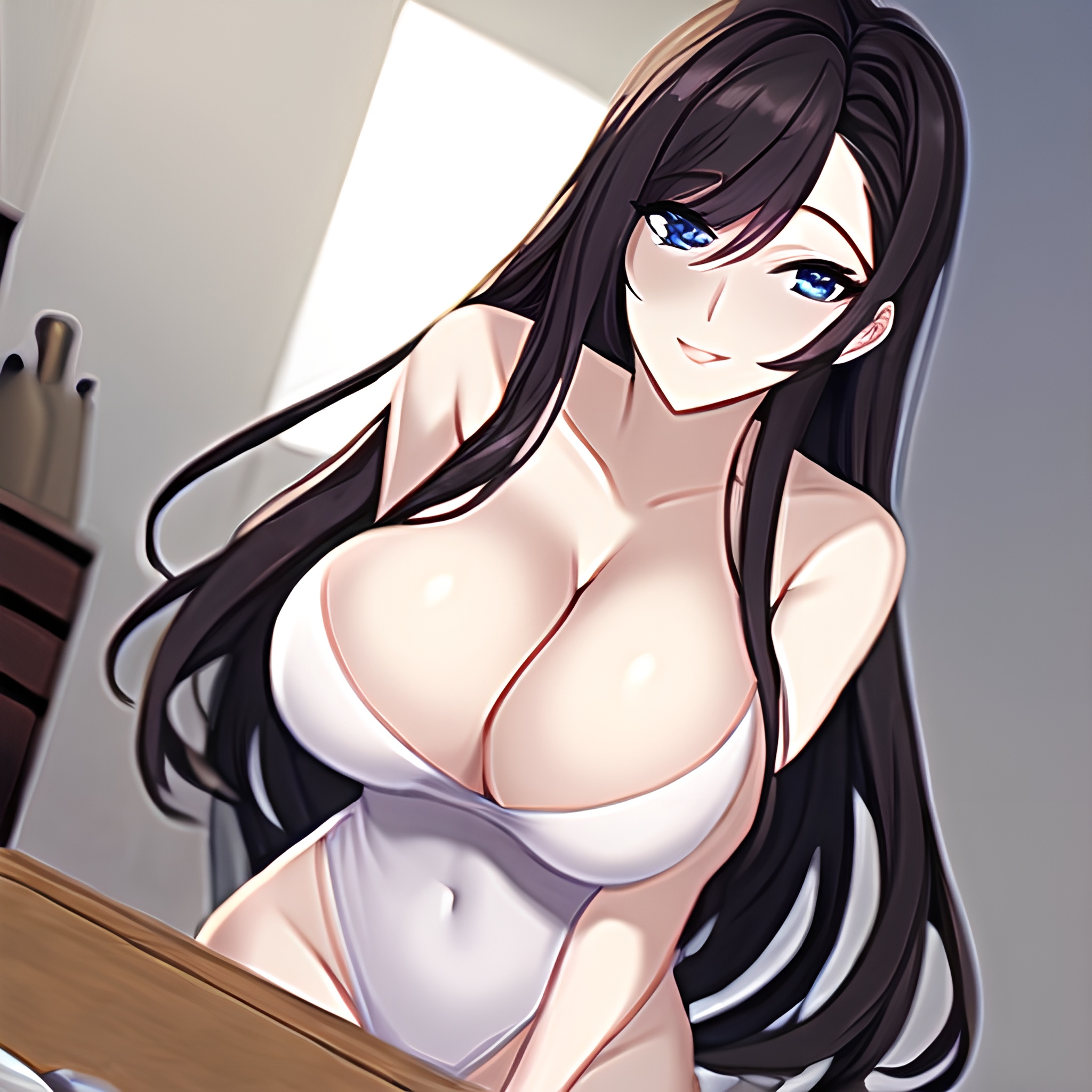 front view kitchen nude perfect boobs woman long hair 