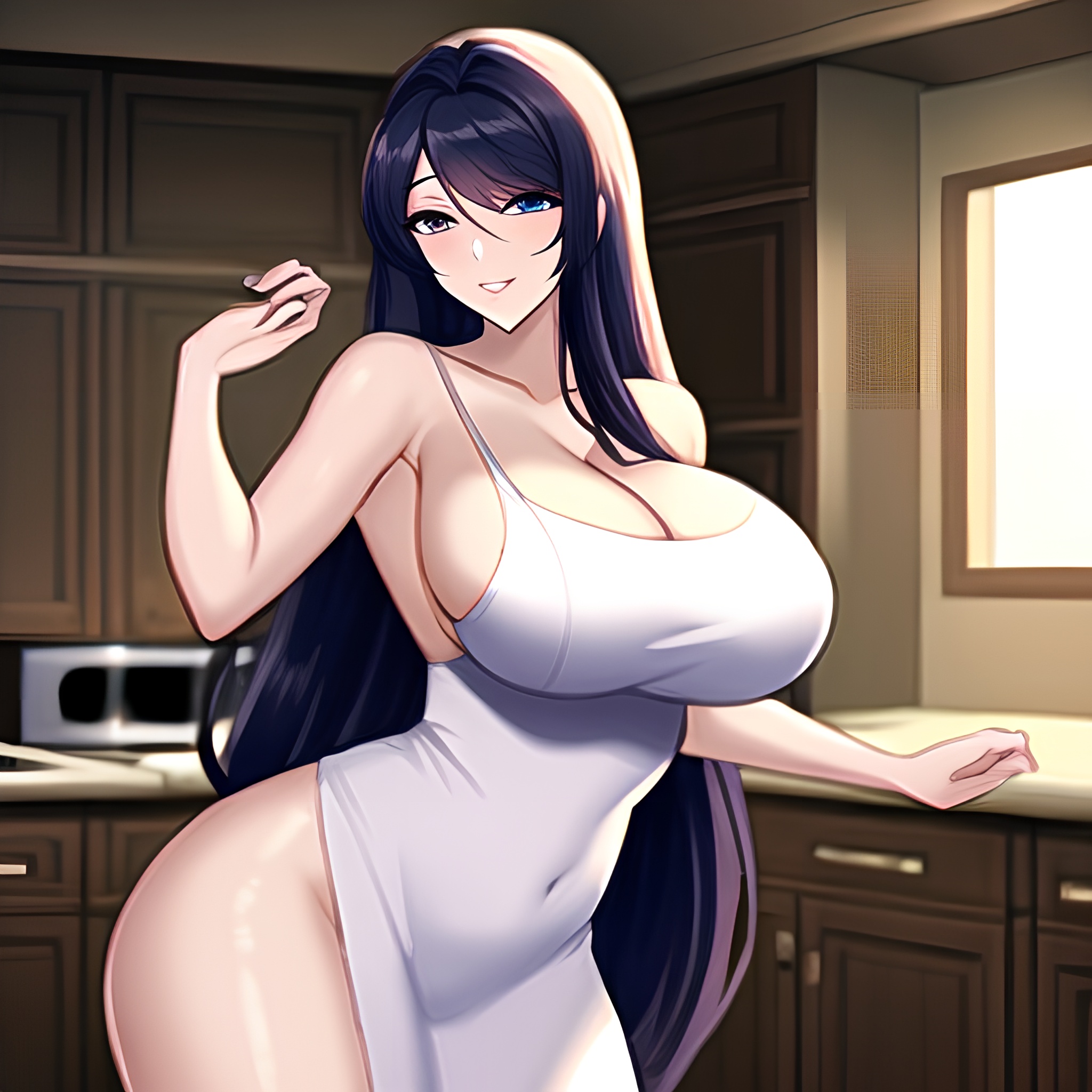 front view kitchen nude woman long hair perfect boobs 