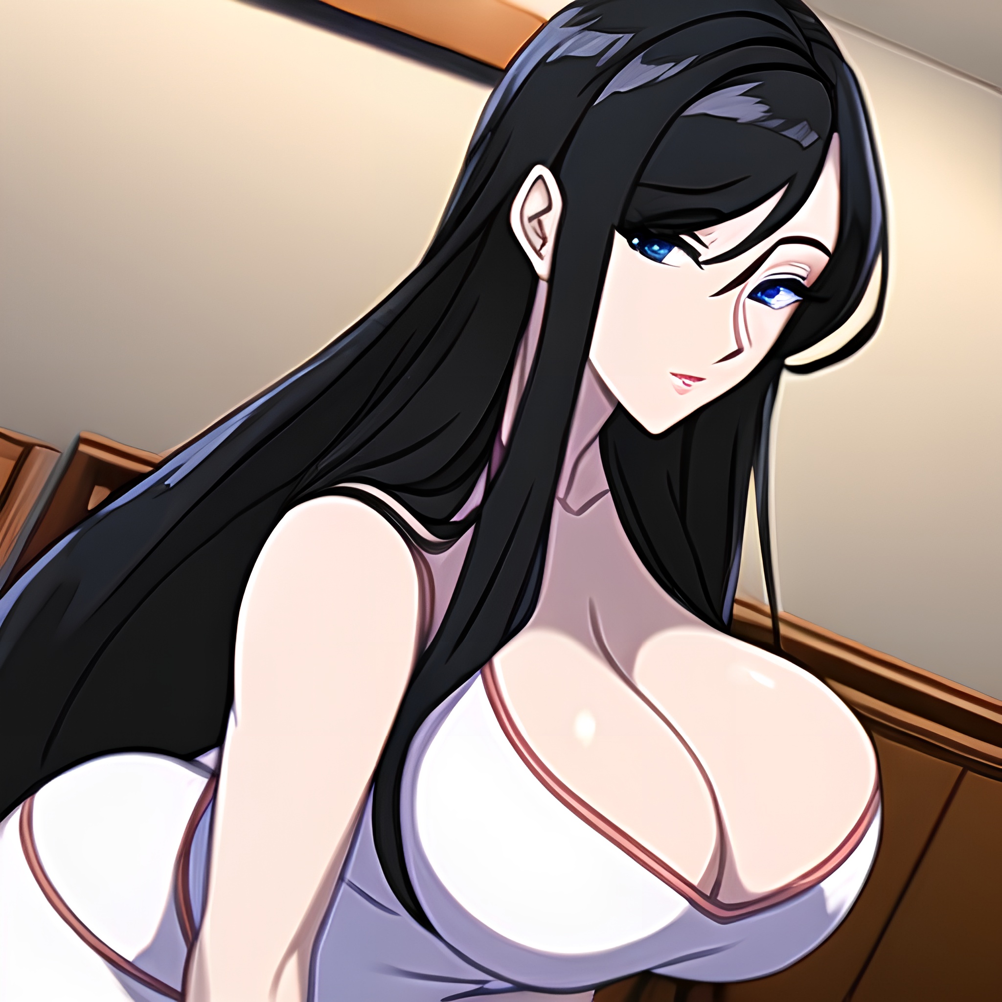 front view kitchen nude woman perfect boobs long hair 