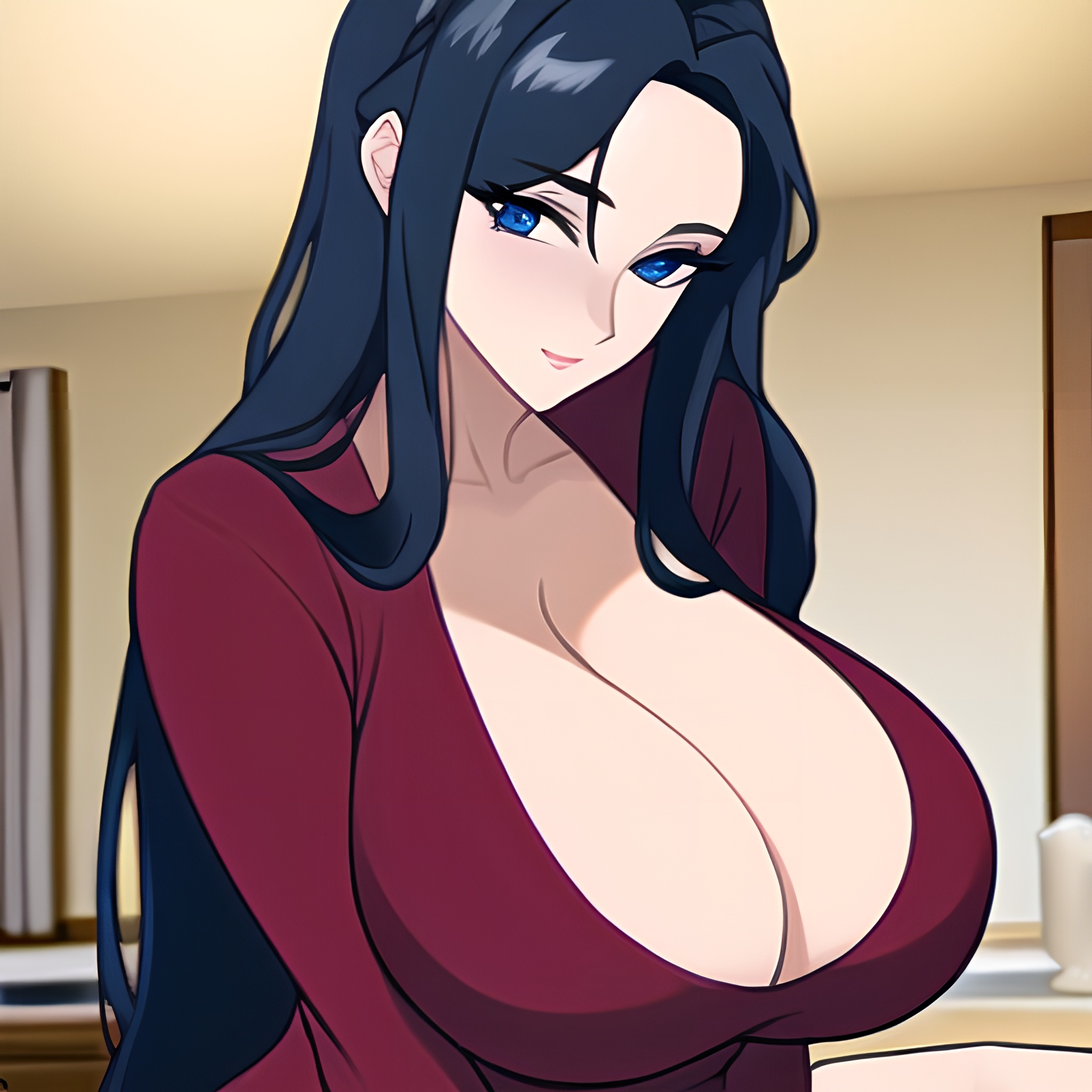 front view kitchen perfect boobs long hair woman nude 