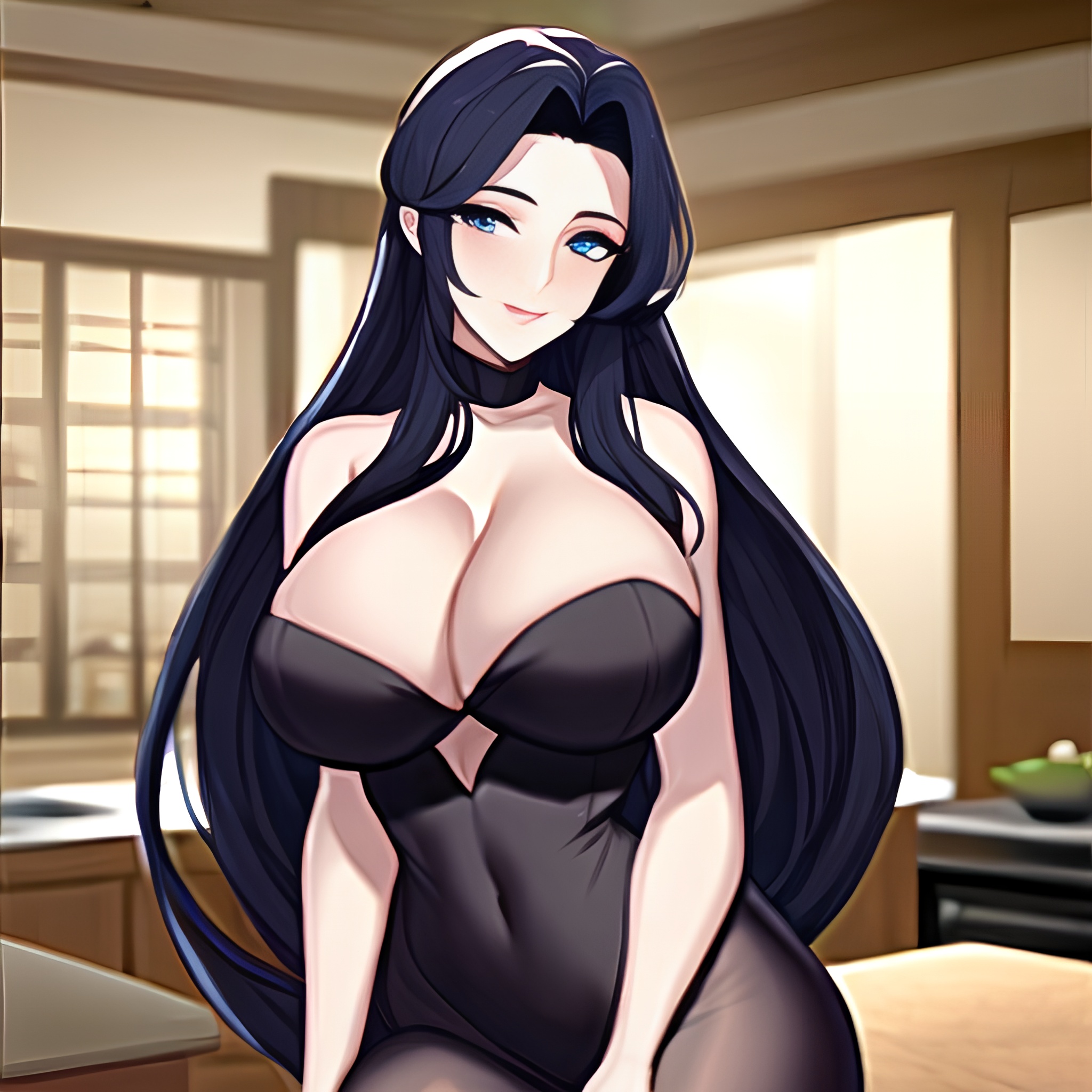 front view kitchen perfect boobs nude long hair woman 