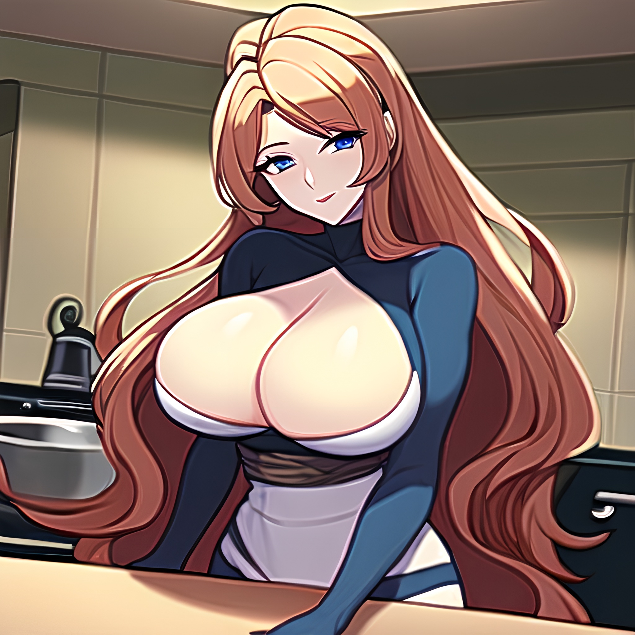 front view kitchen perfect boobs nude long hair woman 