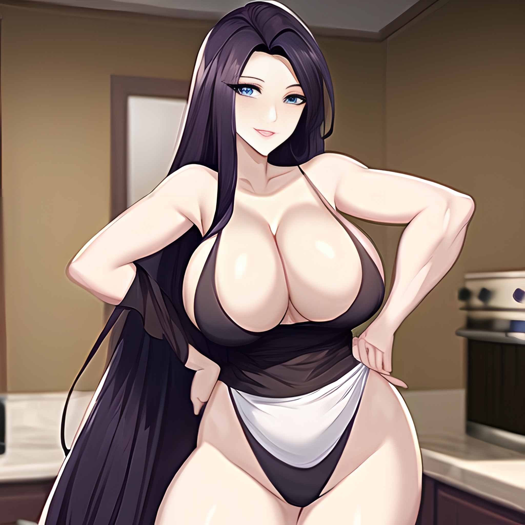 front view kitchen perfect boobs nude long hair woman