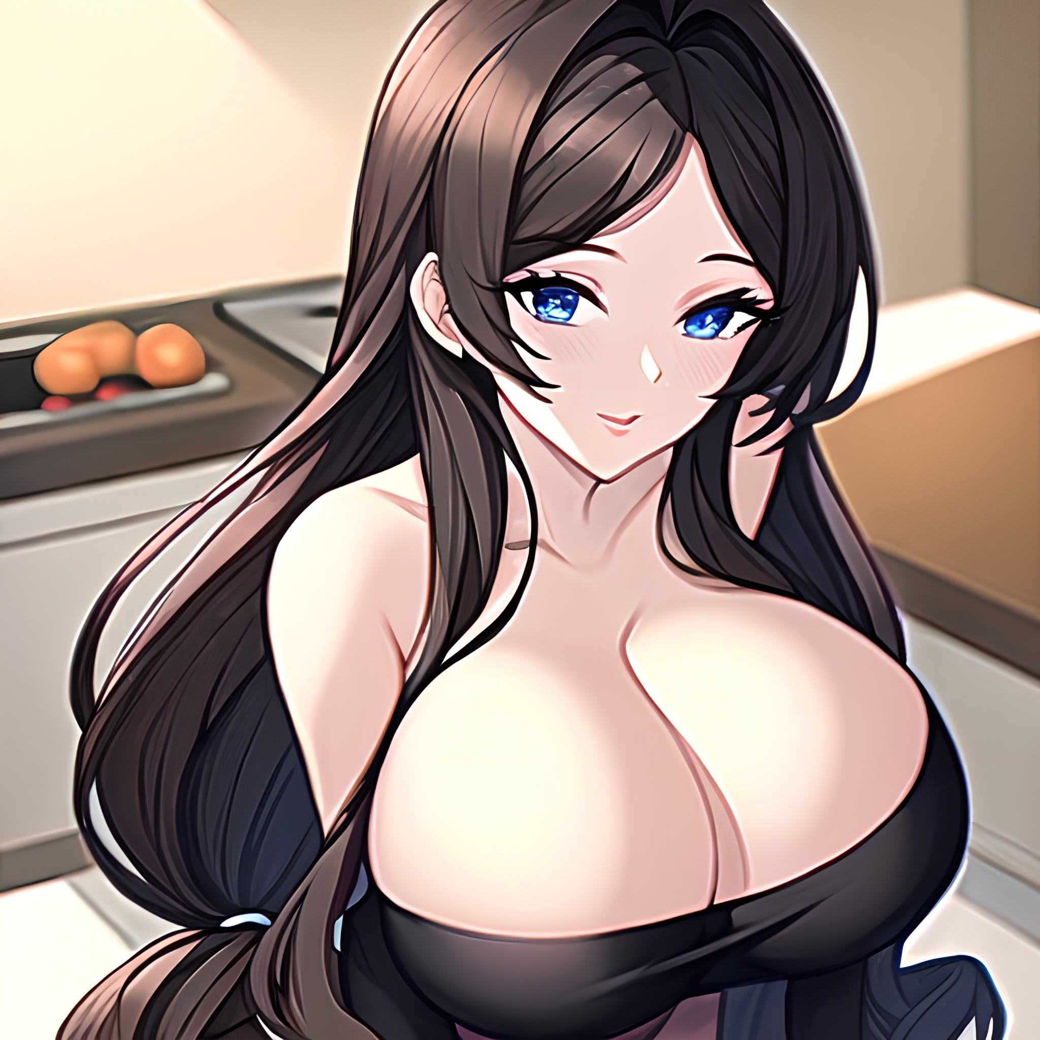 front view kitchen perfect boobs nude woman long hair 