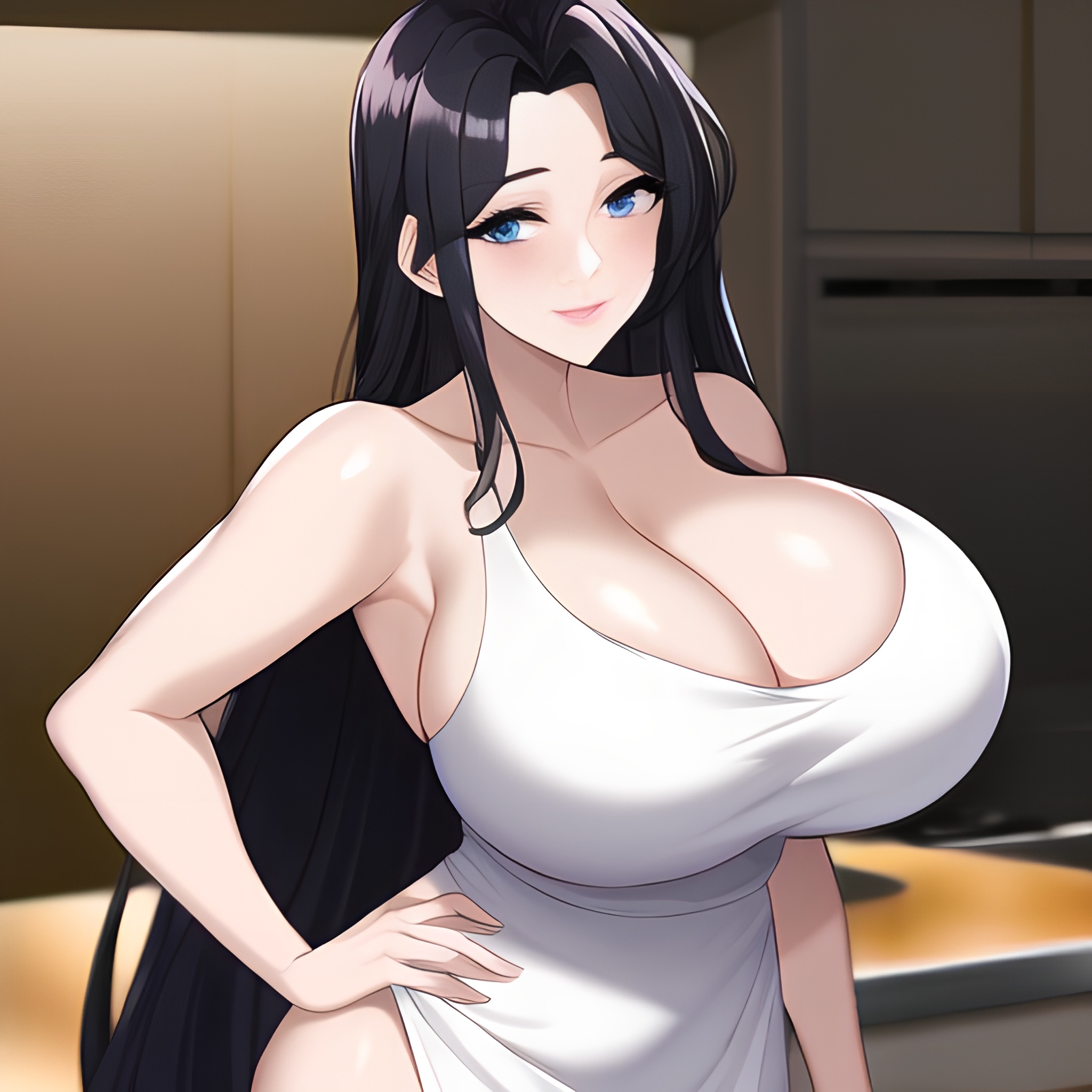 front view kitchen perfect boobs woman long hair nude