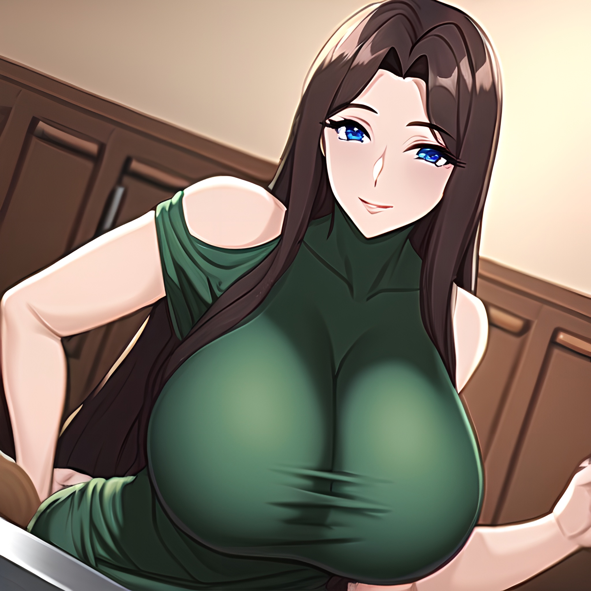 front view kitchen woman long hair perfect boobs nude 