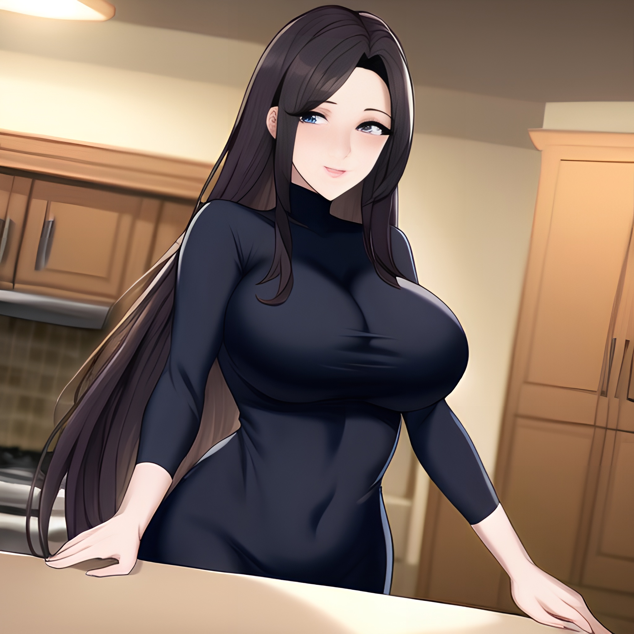 front view kitchen woman long hair perfect boobs nude 