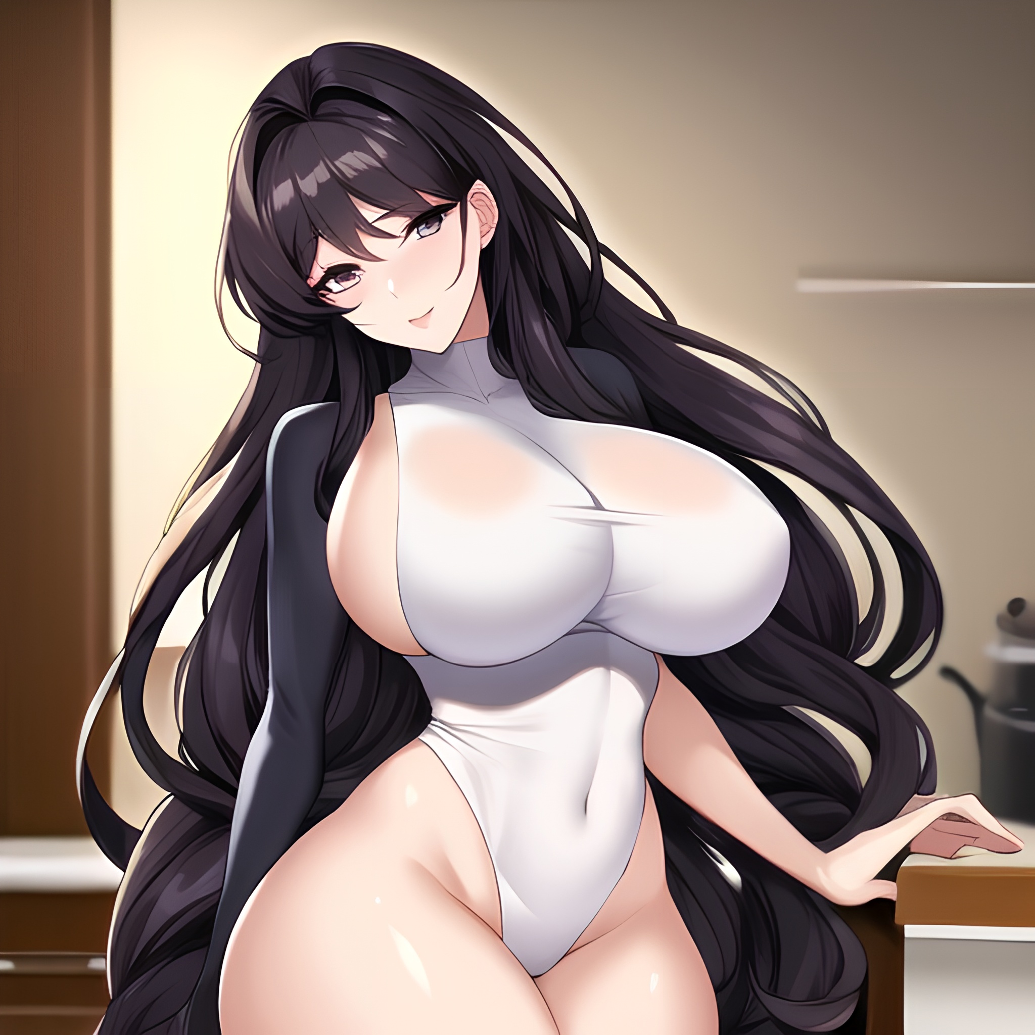 front view long hair kitchen nude perfect boobs woman 