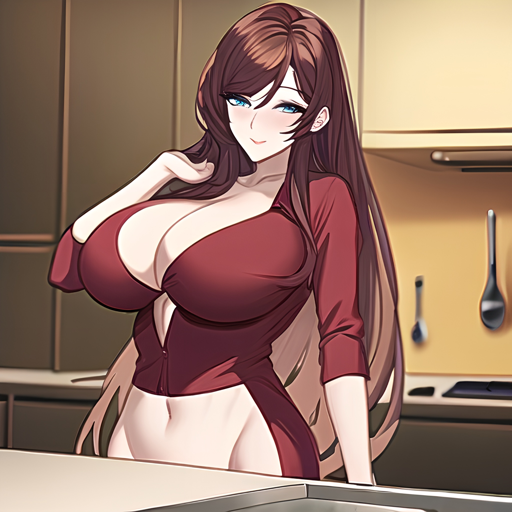 front view long hair kitchen perfect boobs nude woman