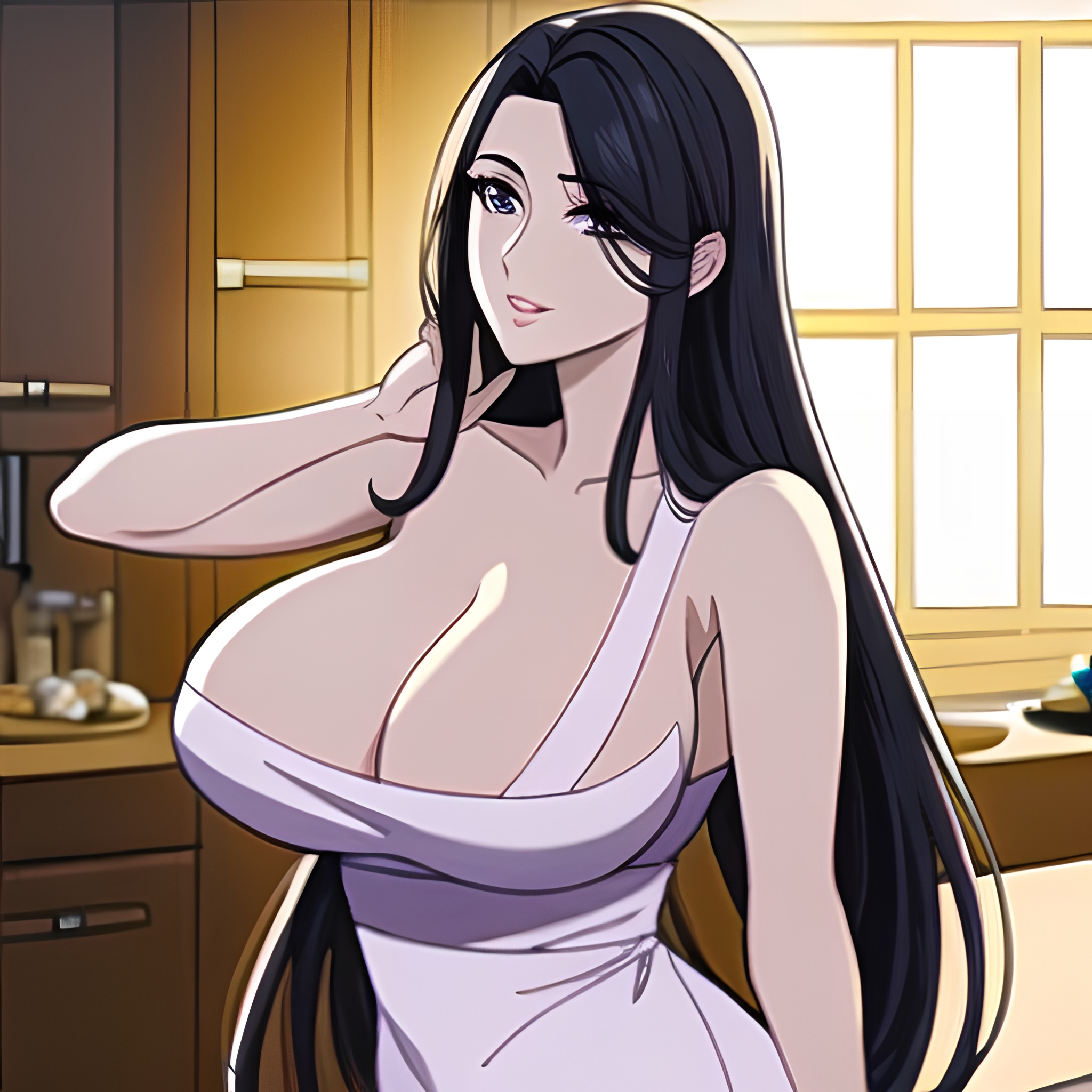 front view long hair kitchen woman nude perfect boobs 
