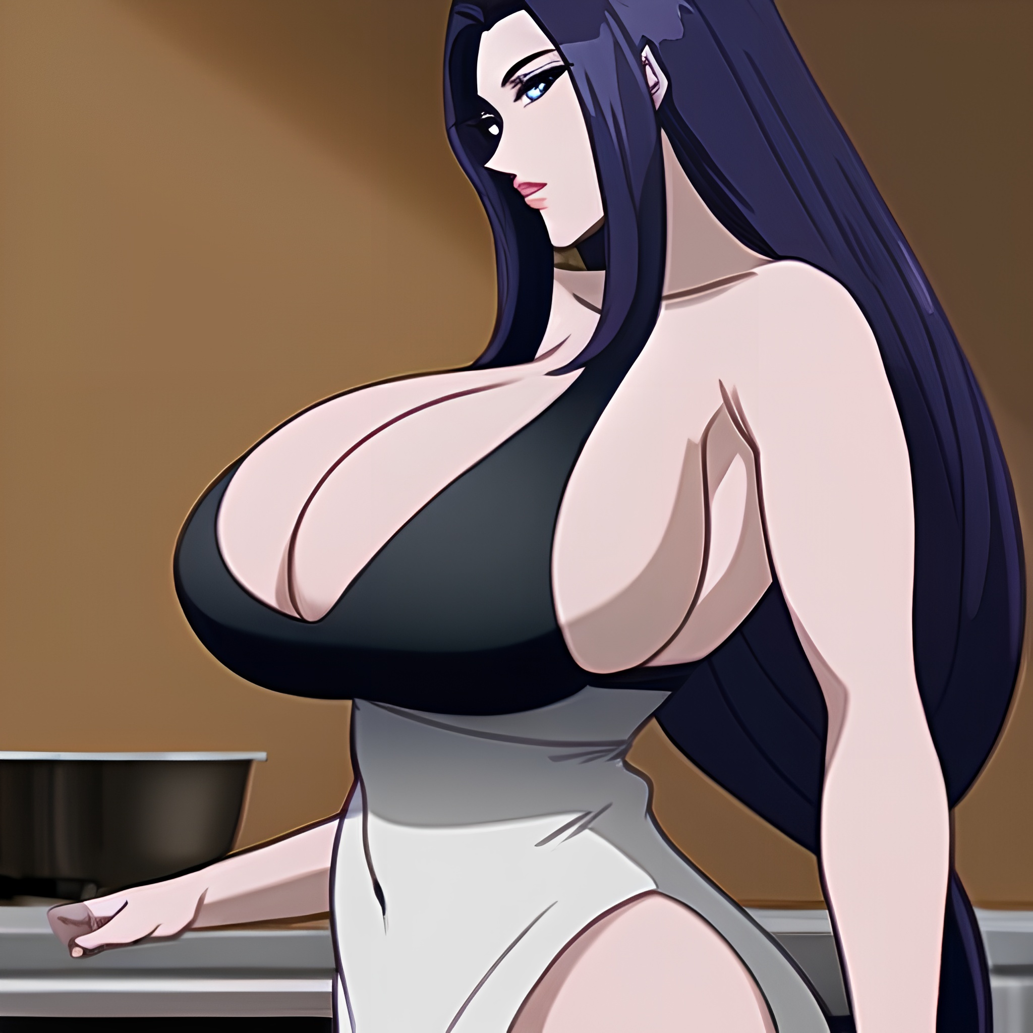 front view long hair nude kitchen perfect boobs woman 