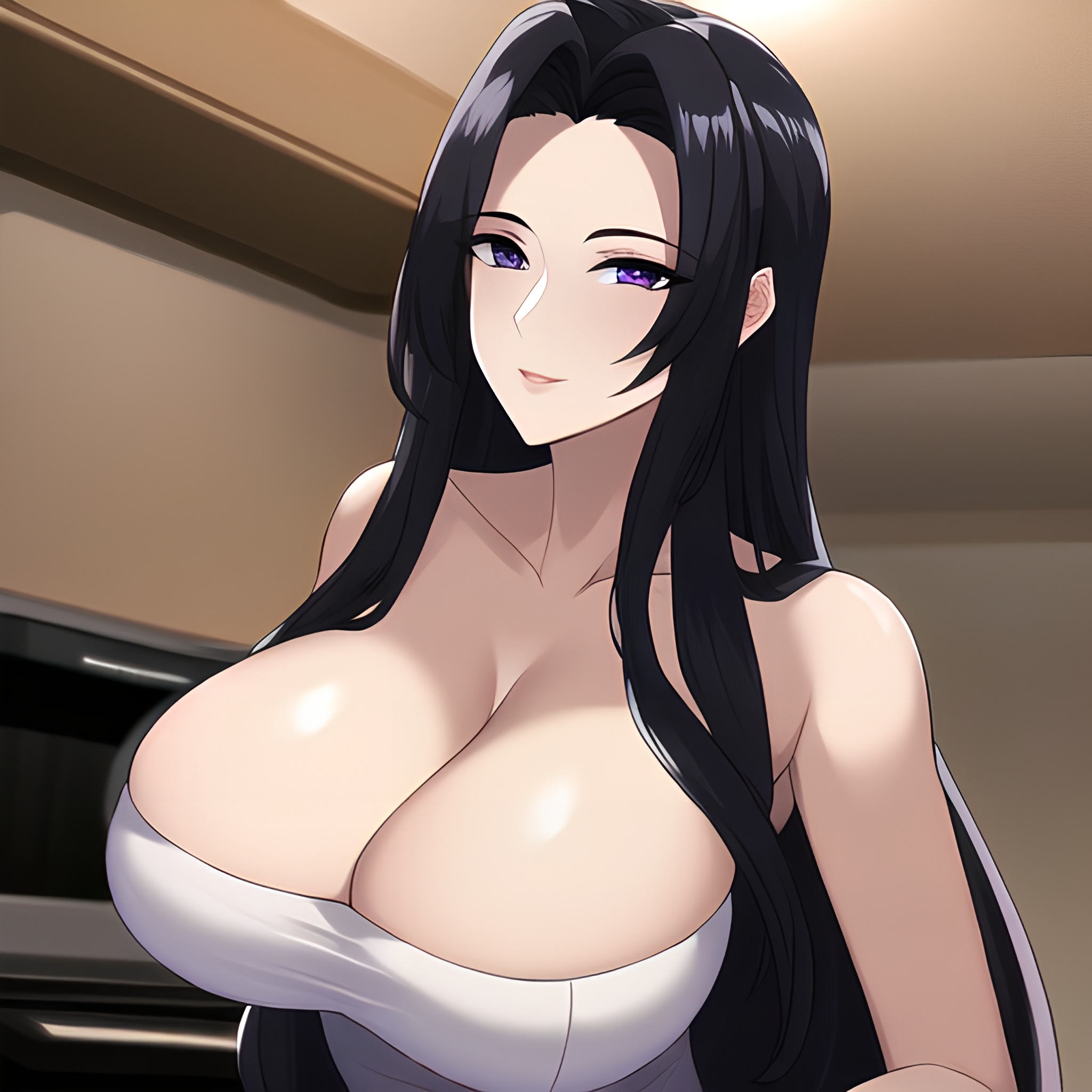 front view long hair nude kitchen perfect boobs woman 