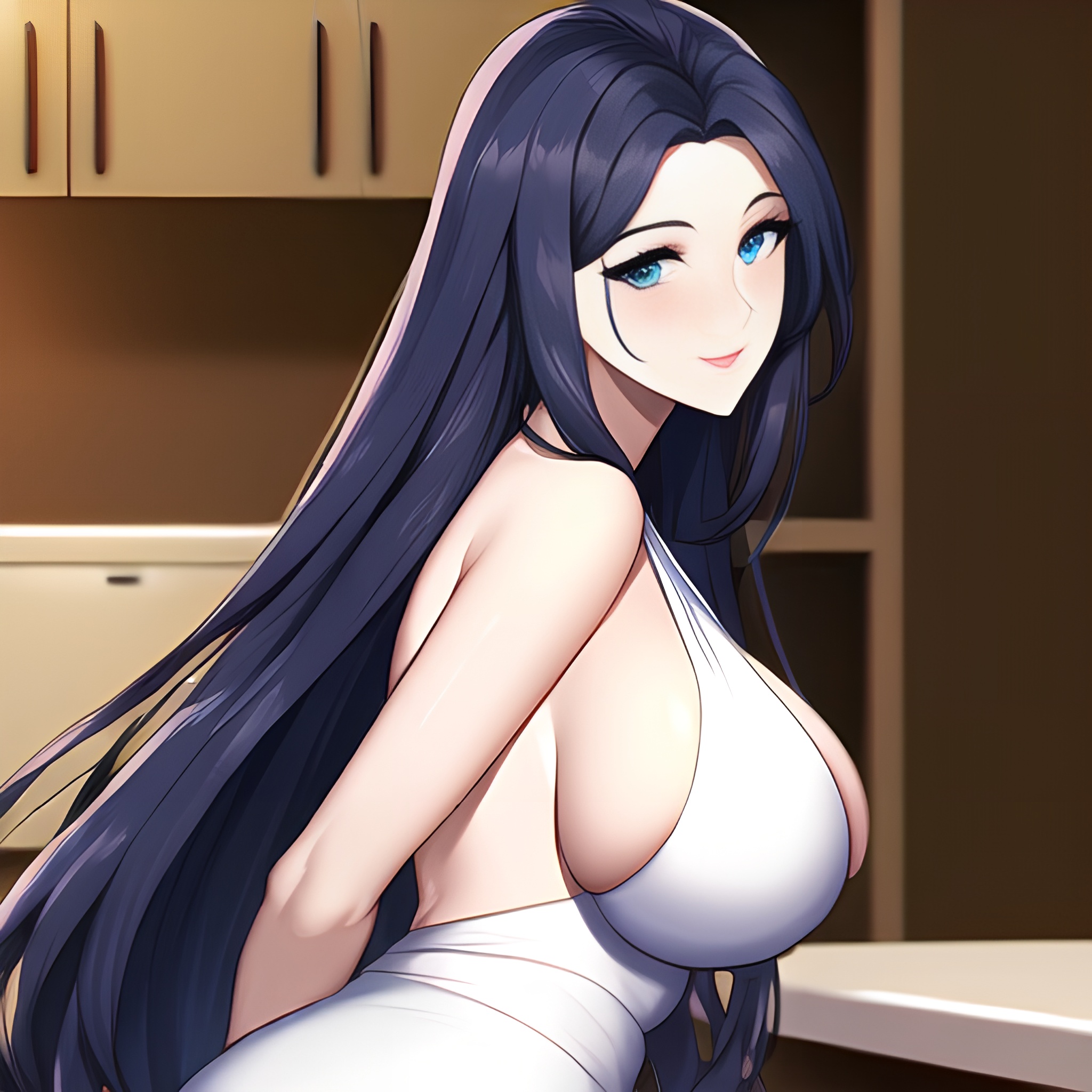 front view long hair nude perfect boobs woman kitchen