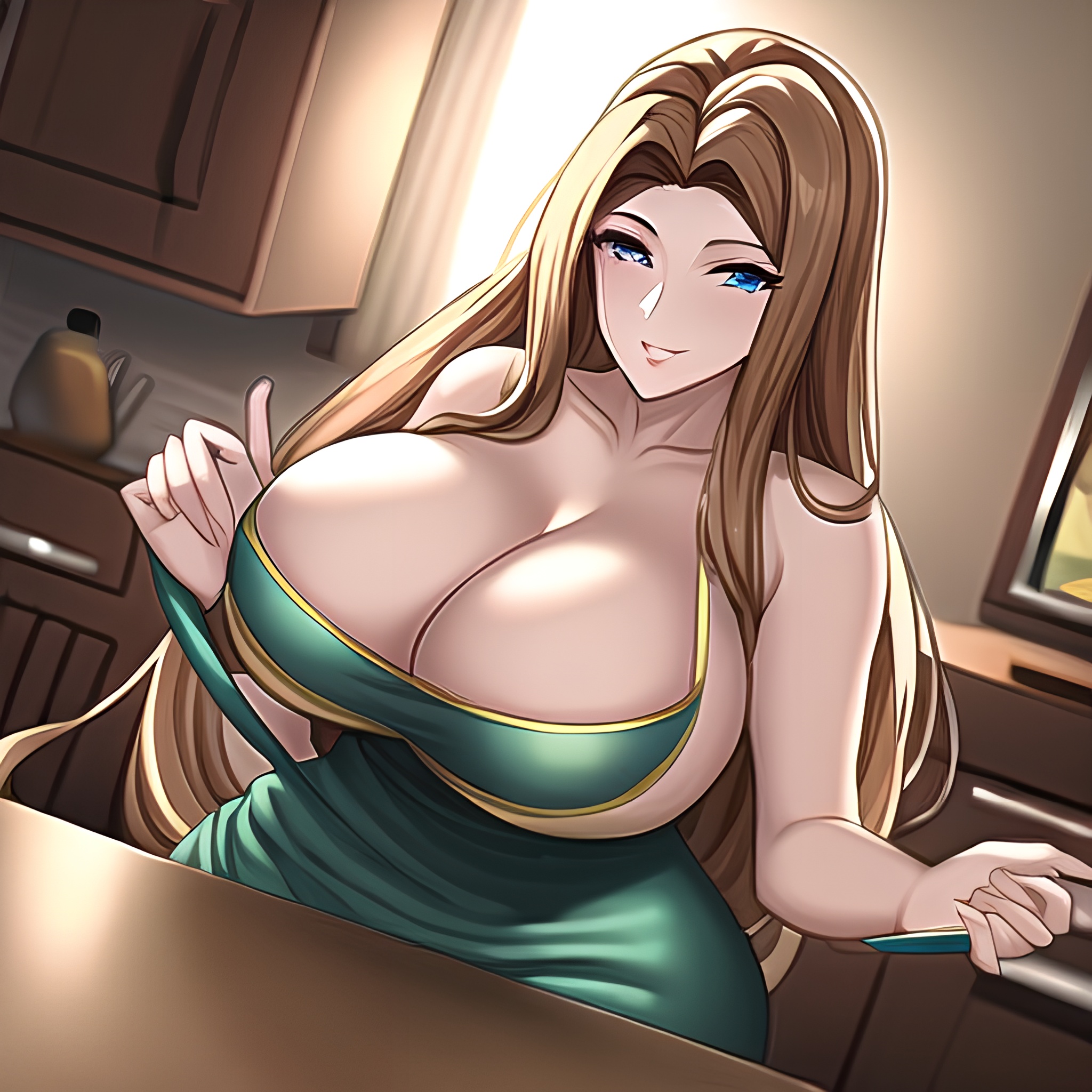 front view long hair nude perfect boobs woman kitchen 