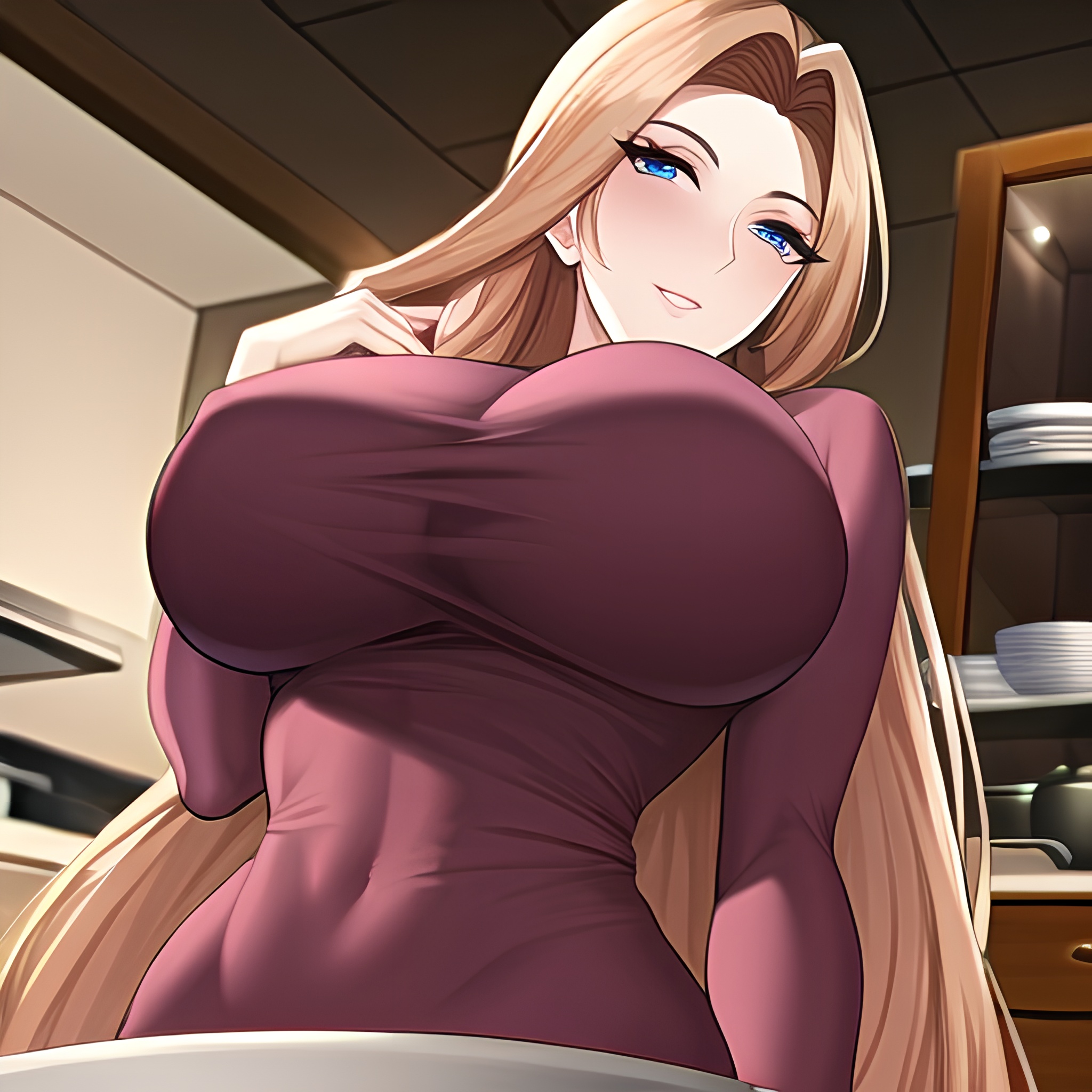 front view long hair nude perfect boobs woman kitchen 