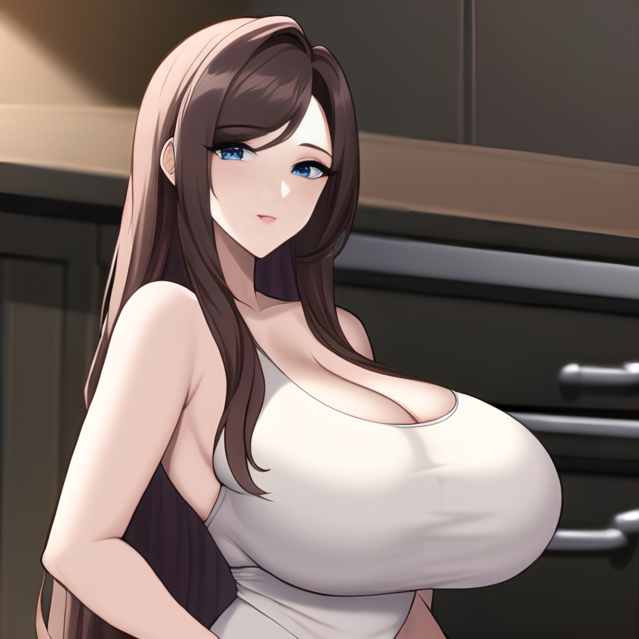 front view long hair nude woman kitchen perfect boobs 