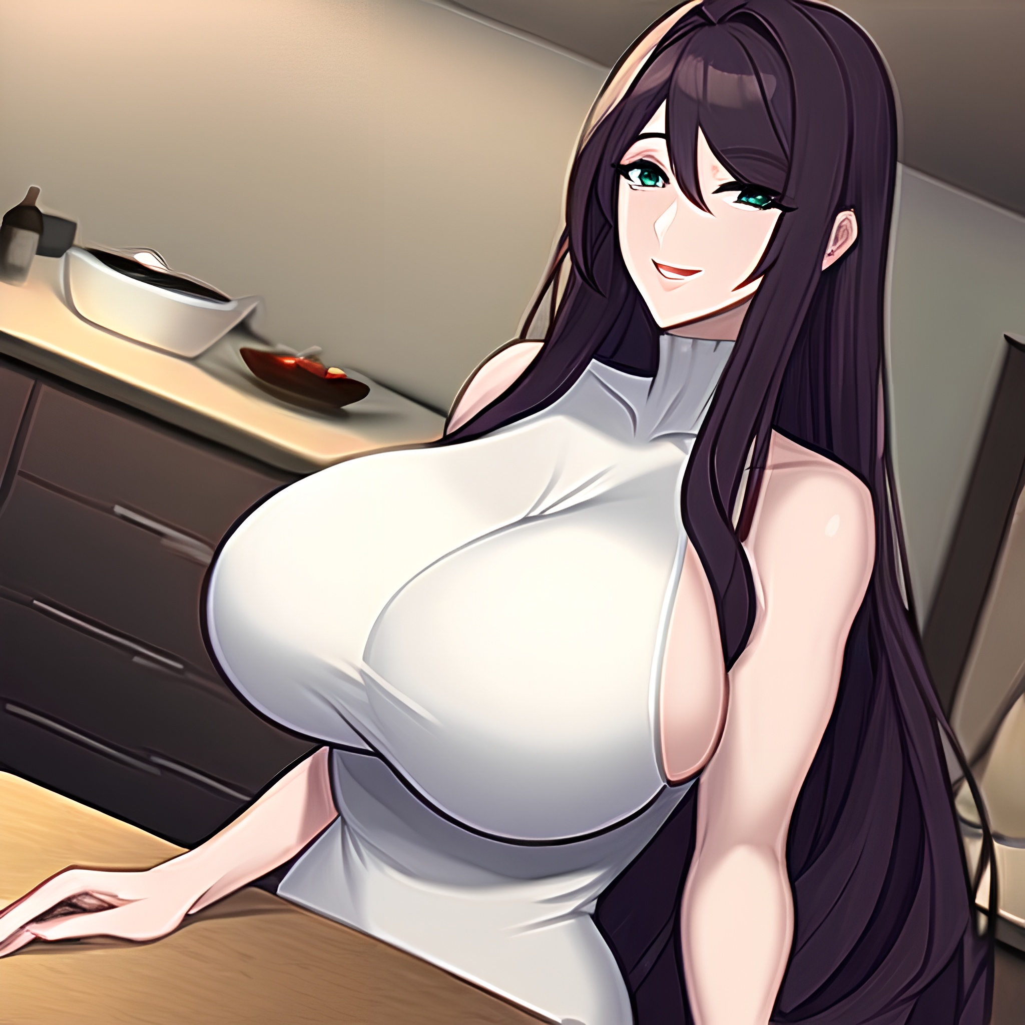 front view long hair nude woman perfect boobs kitchen 