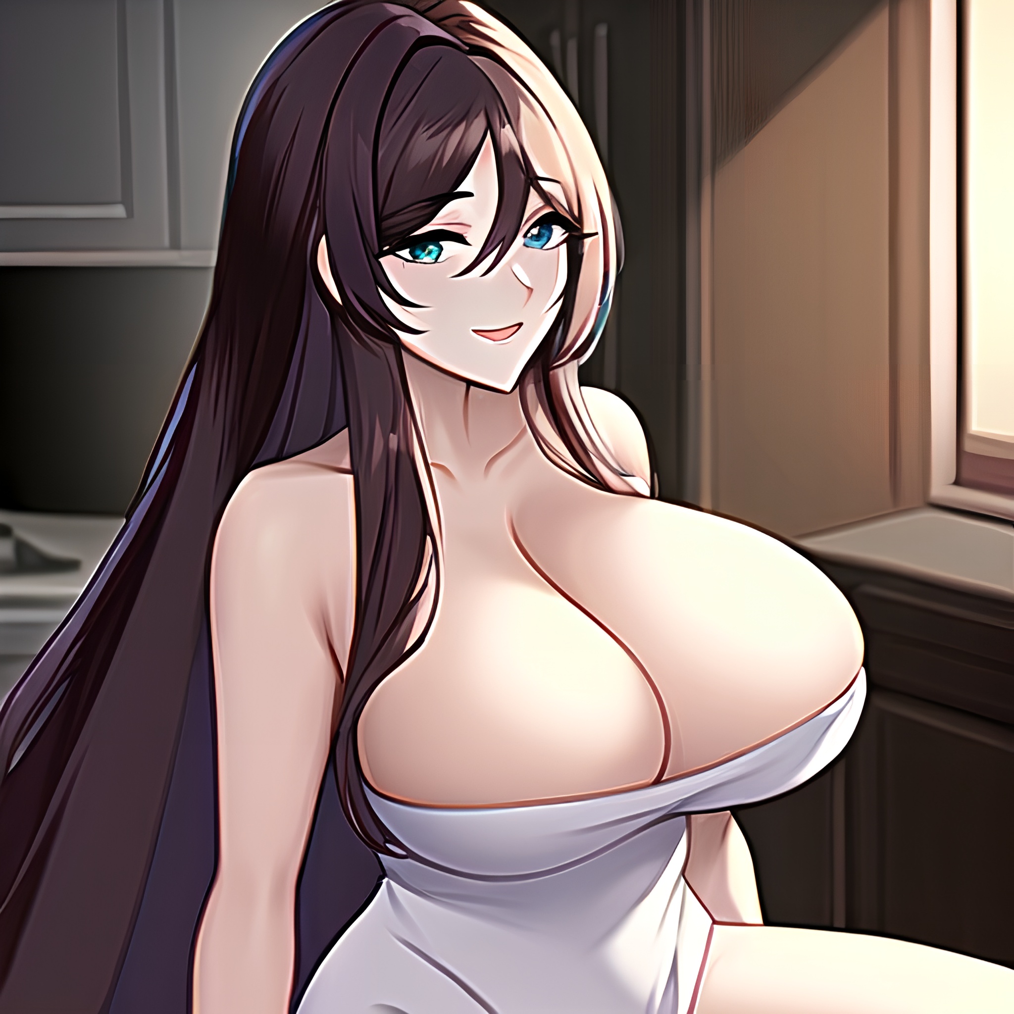 front view long hair perfect boobs kitchen woman nude 