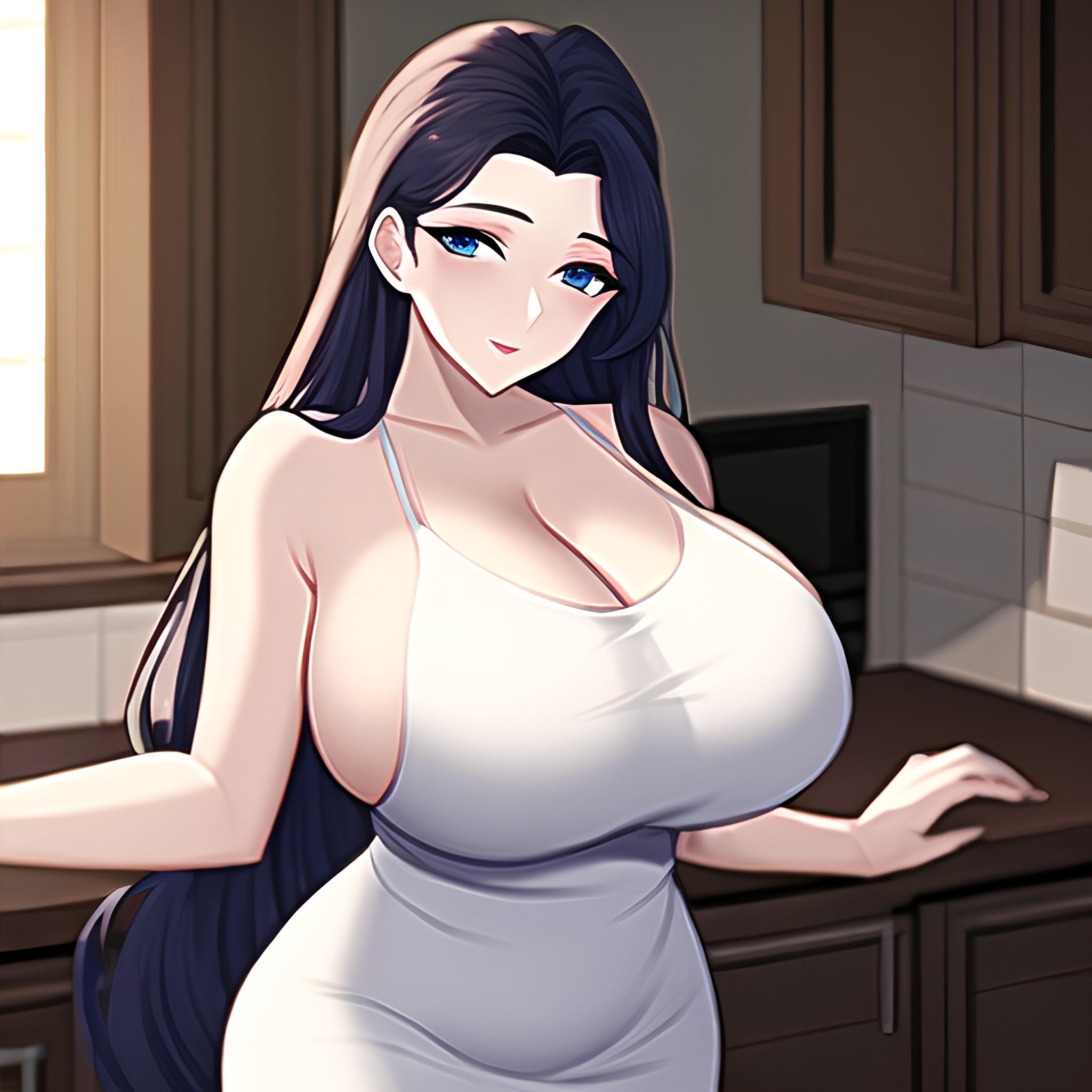 front view long hair perfect boobs nude kitchen woman